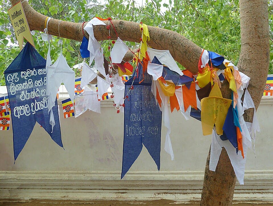 Prayer flags tied to the sacred tree
